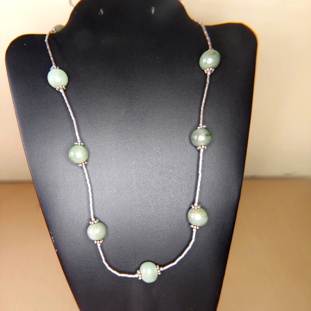 Vintage Sterling Silver 925 Green  Aventurine Stone Bead Necklace 16.75''